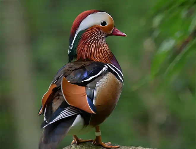 Canard mandarin mâle, plumage orange, bleu et blanc, huppe rousse