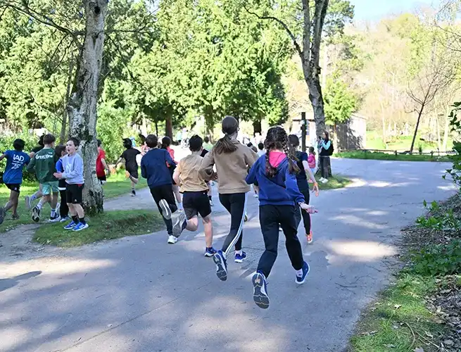 Coureurs et enfants courant sur une allée du parc entourée d'arbres lors d'une course