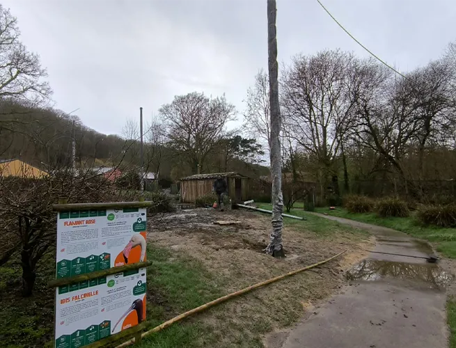 Panneaux d'information près d'un chemin boisé du parc, en bordure de la nouvelle volière