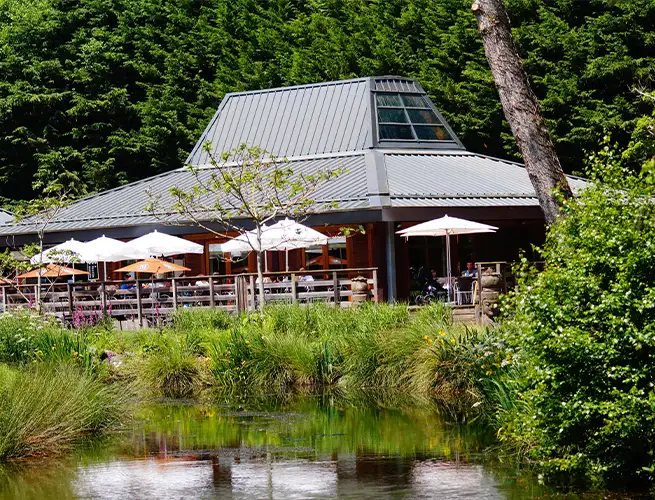 Restaurant du ZooParc à toit métallique et terrasse à parasols, au bord d'un étang