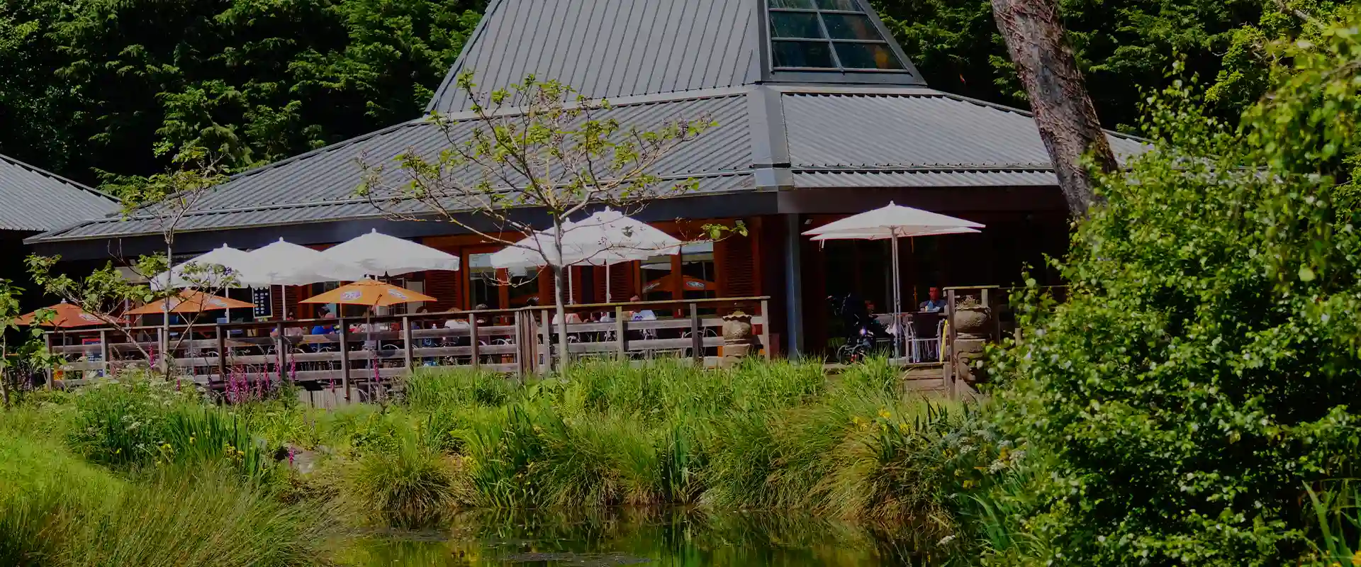 Restaurant du ZooParc à toit métallique et terrasse à parasols, au bord d'un étang
